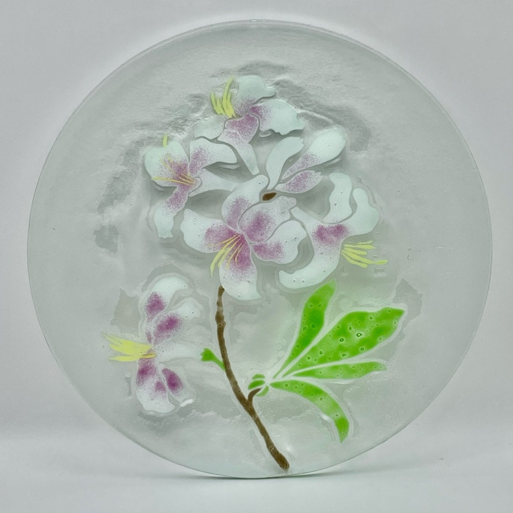 Fused Glass Plate, White and Pink Lilies, 10.5” in Diameter, Signed Travis